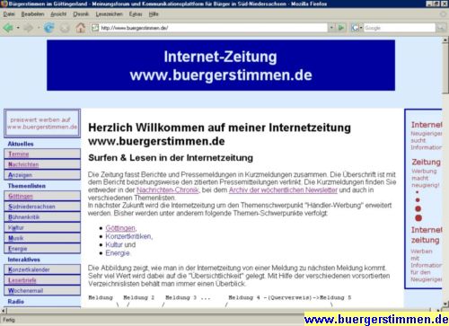 Pressefoto: Porth , 2007 © Die Startseite der Internet-Zeitung informiert, wie man zwischen den Meldungen surft und die gewünschten Informationen findet. Neulingen wird der Besuch der Seite "legende.htm" empfohlen, um sich schnell in der Internetzeitung zurechtzufinden.