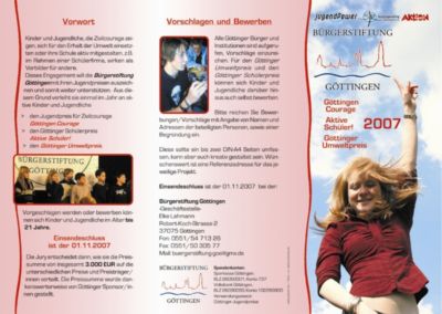 Pressefoto: Pressefoto , 2007 © Vorderseite des Flyer zum neuen Jugendpreis "aktive Schüler", der von der Bürgerstiftung Göttingen neu gestiftet wurde.