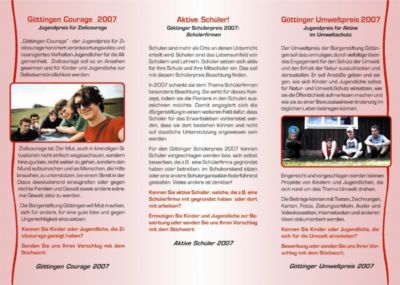 Pressefoto: Pressefoto , 2007 © Rückseite des Flyers zum neuen Jugendpreis "aktive Schüler", der von der Bürgerstiftung Göttingen neu gestiftet wurde.