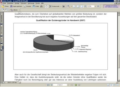 Pressefoto: Pressefoto , 2008 © Scan des Diagramms aus der Pressemitteilung mit dem Titel "Qualifikation der Existenzgründer im Handwerk (2007)". Die große schraffierte Flache von knapp 60% sind Existenzgründer "ohne fachspezifischen Qualitätsnachweis". Nur 25,5% hatten einen Meisterbrief, als sie einen Handwerksbetrieb gründeten.