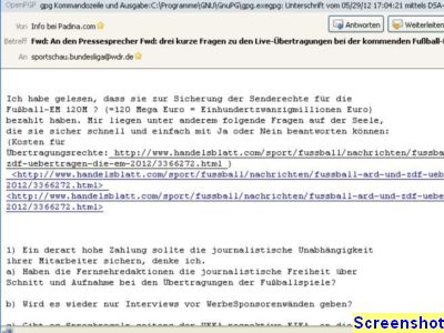 Foto vom Pressemelder: Sreenshot - Quelle siehe Text , © Screenshot aus Email an die Sportschau beim