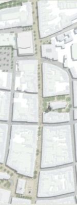 Pressefoto: , 2008 © Entwurf WES - Bäume machen die Straßen zu Einbahnstraßen - aber zumindest sind ja Parkbänke vorgesehen - Fahrradständer fehlen - Spielgeräte fehlen